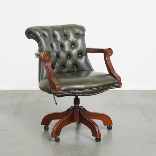 Green cowhide leather chesterfield office chair in English style on wheels