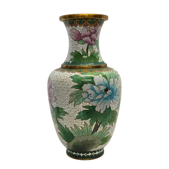 Image 1 of Chinese cloisonné vase with lotus flowers