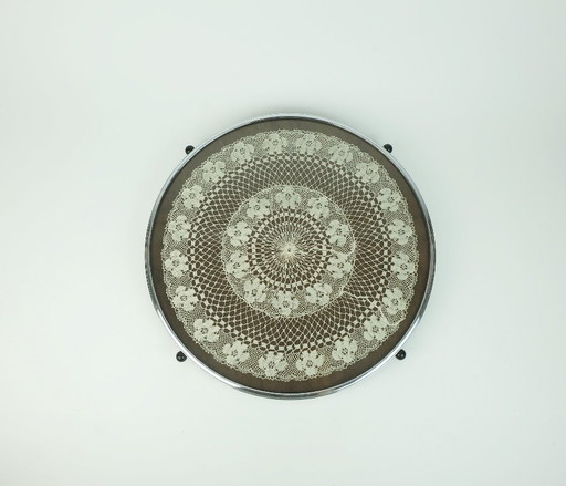 large rotating TRAY with fine crochet doily under glass wood and chrome 1930s