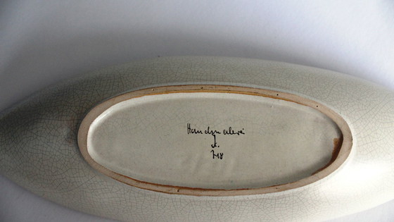 Image 1 of Große ovale Anbietschale Obstschale aus den 50er Jahren mit abnehmbaren Bambushenkel Krakelee Lasur handbemalt mid-century 