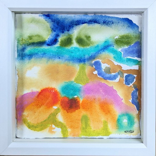 PAYSAGE ABSTRAIT PEINTURE ORIGINALE NIGEL WATERS COULEUR ENCRE ACRYLIQUE ART ENCADRÉ
