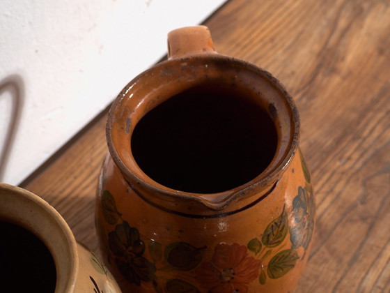 Pair of Vintage Glazed Ceramic Jugs, Central Europe, circa 1950 #1, Crockery, Orange (photo 3 of 13)