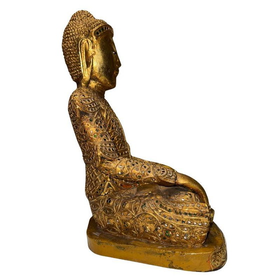 Estatua antigua de Buda Mandalay birmano – Madera dorada con decoración de vidrio – Myanmar c. 1880–1920 (photo 3 of 9)