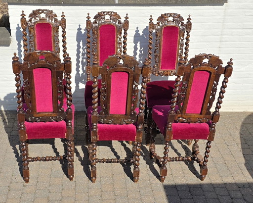 Splendido set di 6 sedie antiche neorinascimentali (stile Mechelen) - Ricche intagliature e velluto