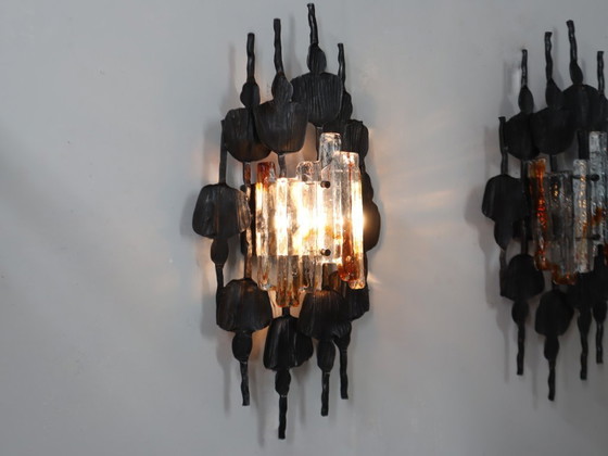 Image 1 of Ensemble de 3 appliques / lampes murales Brutalist en verre de Murano Italie 1970