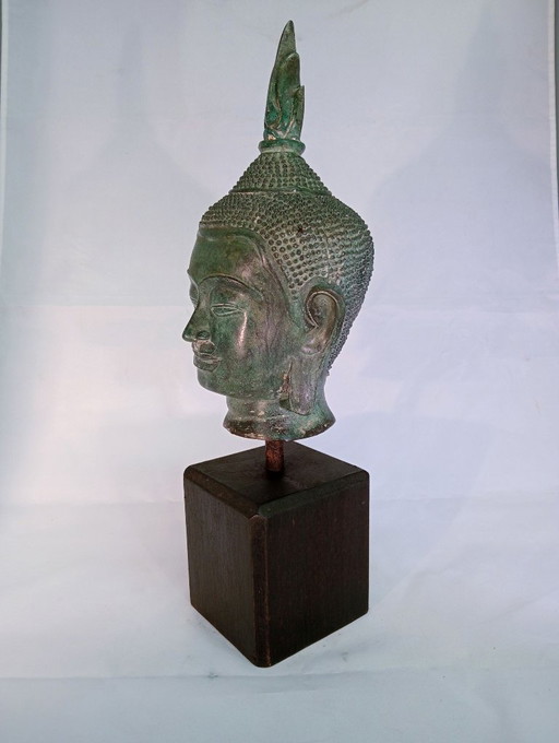 Buddha Head Sculpture, Bronze on Wooden Pedestal