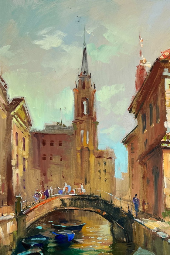 Image 1 of Original Oil Painting City River Landscape The busy streets of Venice