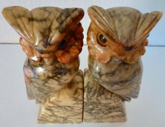 Image 1 of Art Deco Bookends Alabaster Owls, Italy.