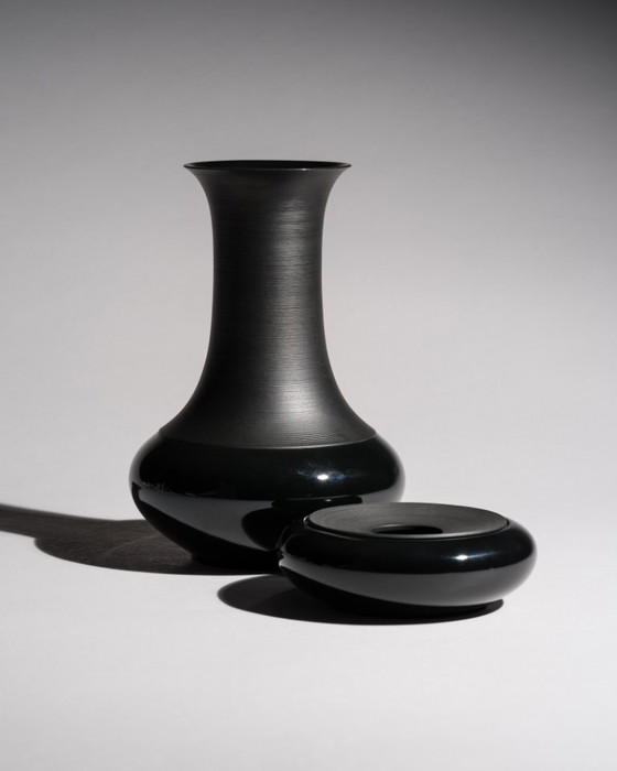 Image 1 of Tapio Wirkkala Porcelaine Noire Vase & Rare Ashtray Duo Rosenthal MCM Chic