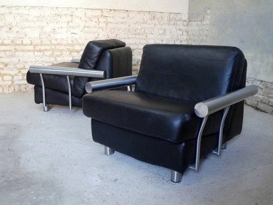 pair of armchairs, black leather & stainless steel, 1990 – Vintage (photo 14 of 14)
