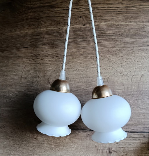 Vintage white opaline double pendant light