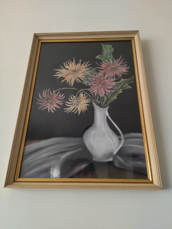 Image 1 of Tableau ancien pastel fleurs J Gelders cadre doré vintage