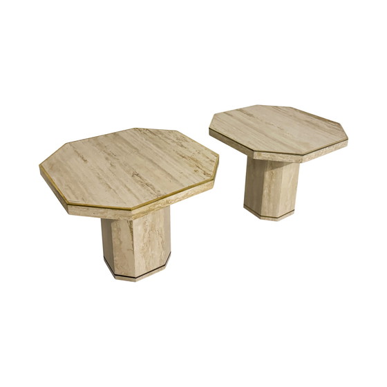 Image 1 of Pair of Willy Rizzo for Jean Charles Mid-Century Italian Modern Travertine Low Octagonal Tables