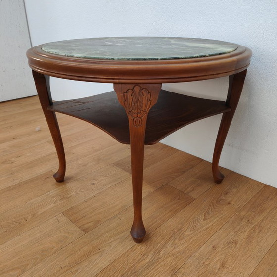Image 1 of Vintage round wooden coffee table with onyx marble top