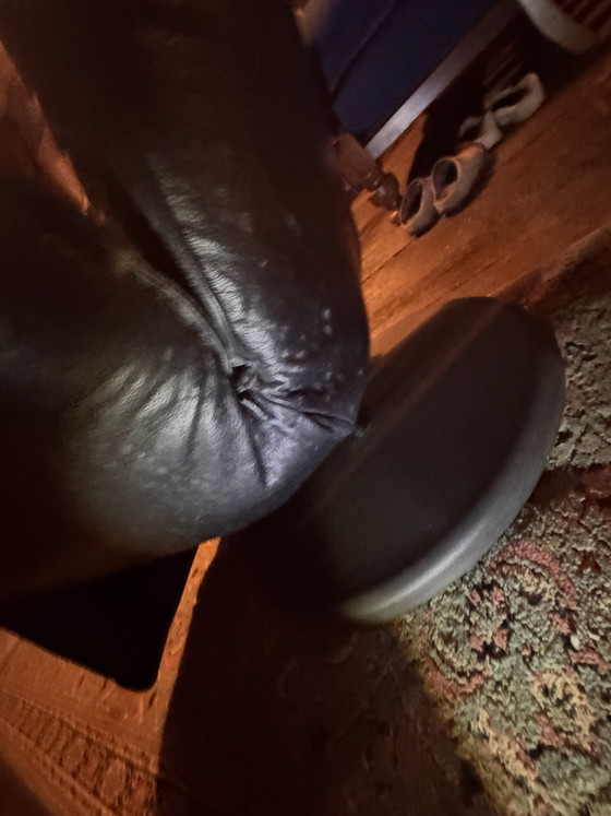 80s vintage black leather adjustable recliner chair, swivel (photo 13 of 15)