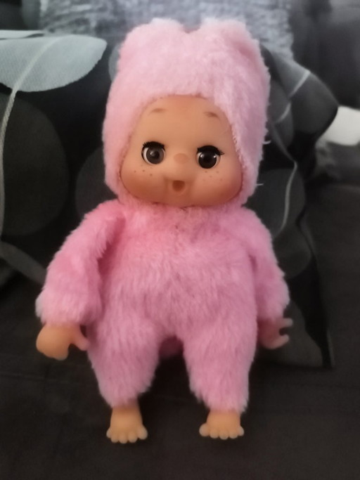 Poupée vintage rose de style Monchhichi, 20 cm