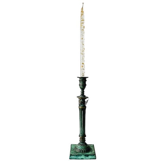 Image 1 of Antique bronze candlestick green patina 1900's