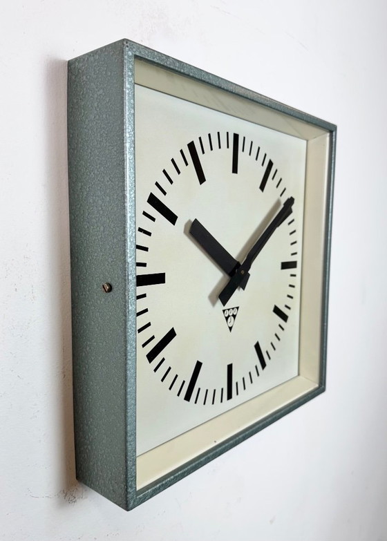 Image 1 of Green Industrial Square Wall Clock from Pragotron, 1970s