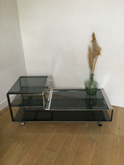 Table basse / Meuble bas design italien en verre fumé et acier chromé 
