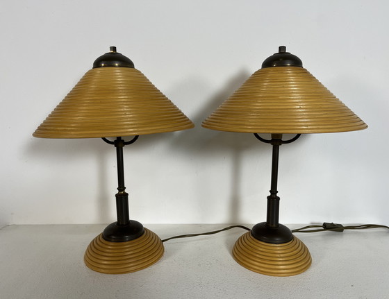 Image 1 of 2 lampade vintage in rame e rattan, Italia