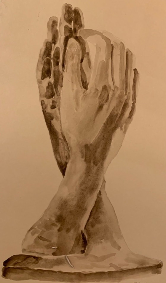 Image 1 of monochrome sepiafarbene Aquarellstudie der Statue „Die Kathedrale“ von Auguste Rodin