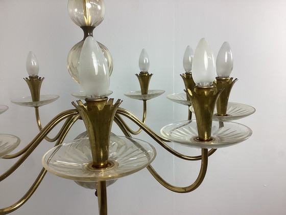 Image 1 of Grande lampadario vintage Chandolier degli anni Cinquanta in vetro e rame 