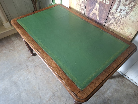 Image 1 of Antique 2-sided writing table, partners desk with leather inlay (restored) dimensions 127x86cm and 76cm high.
