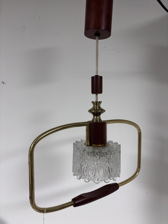 P Vintage Temde Hanglamp – Mid-Century Messing & Teak Hout – Jaren '60 – Hanglampen, Glass, Wood (photo 12 of 15)