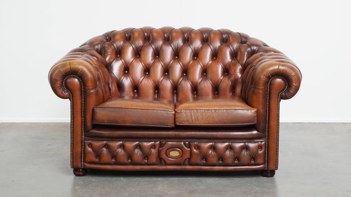 Set of a 2.5 seater and 2 seater brown English cowhide leather chesterfield sofa
