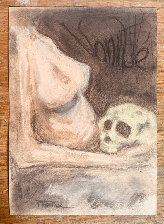 Image 1 of Gesigneerd pastel schilderij, symbool van leven en dood, "IJdelheid"