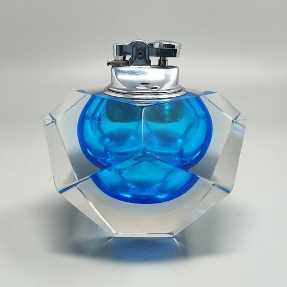 Image 1 of Schitterende blauwe tafelaansteker uit de jaren 60, gemaakt van Murano Sommerso-glas door Flavio Poli voor Seguso.