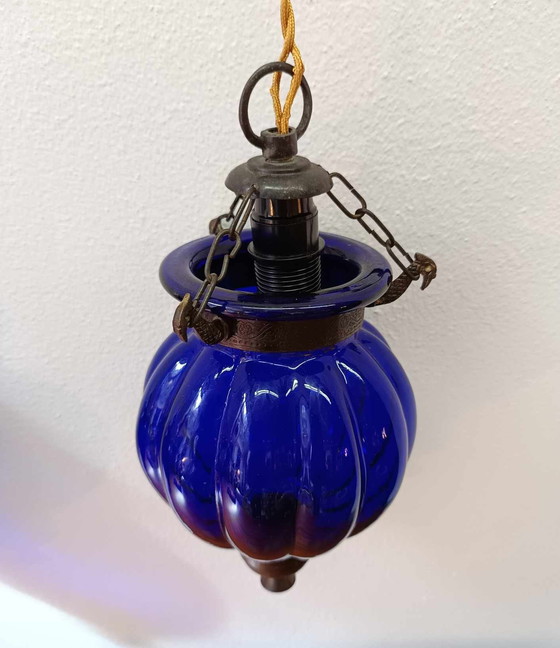 Image 1 of 2x Lampes Photophores en Verre Bleu Inde