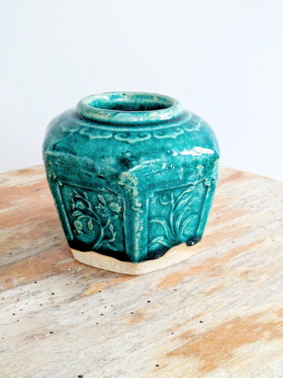 Image 1 of Pot à gingembre Shiwan chinois vintage, récipient hexagonal en faïence émaillée verte, pièce de collection