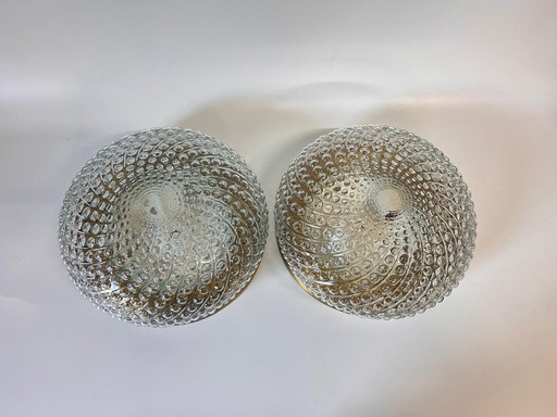 2x grote vintage plafondlamp helder bubbel glas met goudkleurige rand 