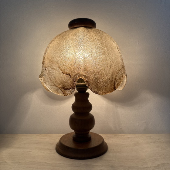 Image 1 of Vintage Brutalist Glass Table Lamp with Solid Oak Wooden Base, 1970s