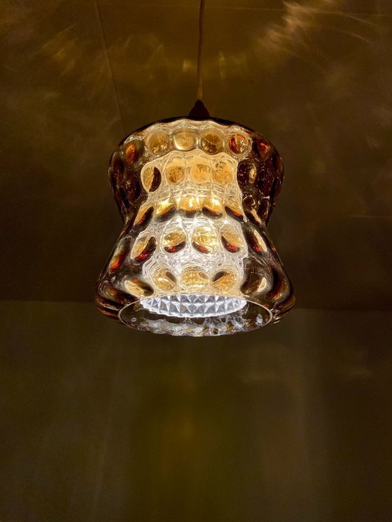 Image 1 of Orrefors by Carl Fagerlund, 1960s, Cozy Mid-Century Scandinavian Pendant in Amber Glass & Teak 