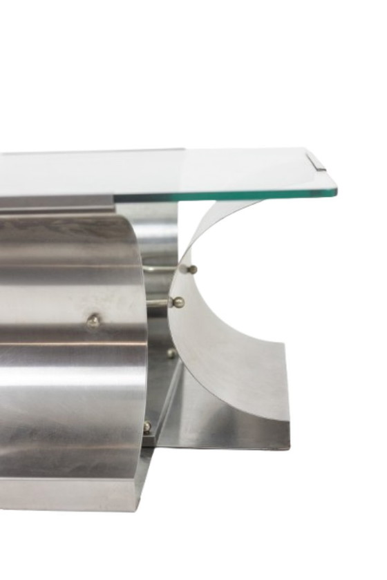Image 1 of François Monnet, for Kappa. Brushed steel and glass coffee table. 1970