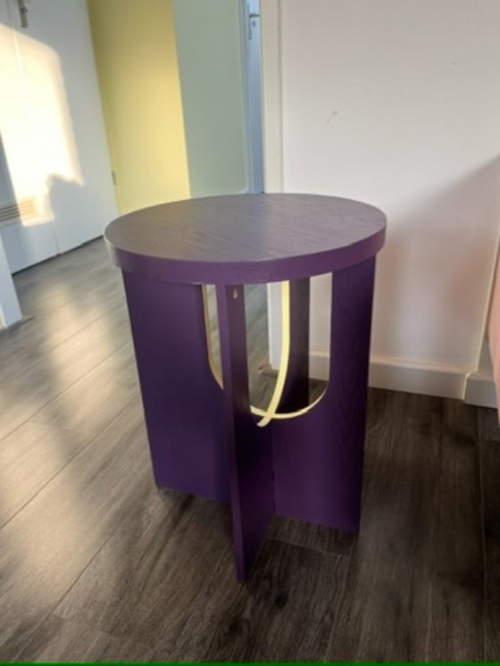 Image 1 of Unique upcycled design side table – Japandi with a funky twist, purple & butter yellow