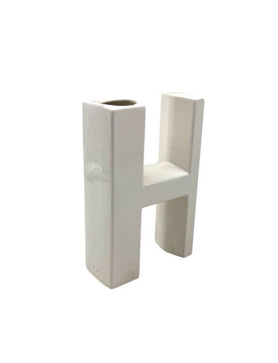 Image 1 of Space age white H letter shaped ceramic solifleur vase, Marcel Radureau ca. 1970