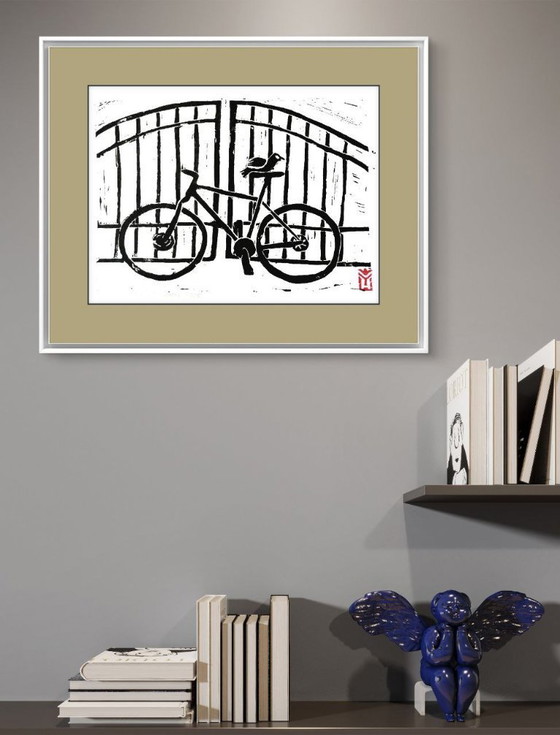 Image 1 of Stampa Linocut di biciclette d'epoca - A4 Arte da parete in bianco e nero