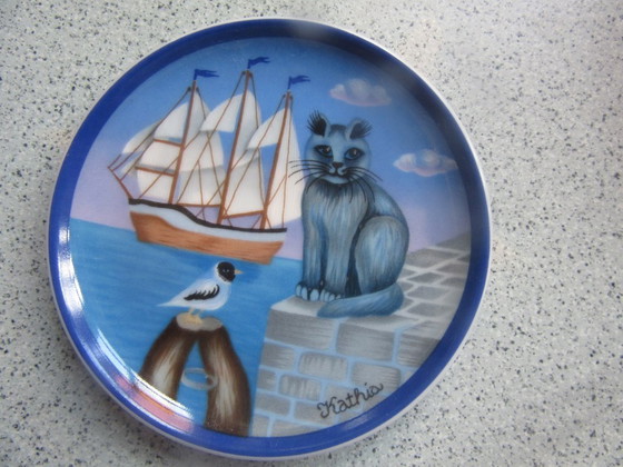 Ensemble de 4 plateaux à bijoux Arzberg Germany avec pot à couvercle, motif chat par Kathia. Vintage (photo 5 of 17)