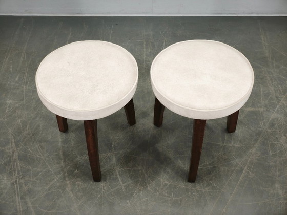 Image 1 of Pair of Art Deco Beech Wood Stools, 1940s, Newly Upholstered