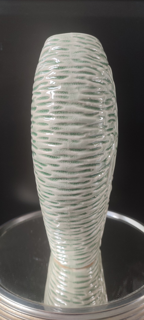 Image 1 of Crackle-glazed ceramic vase from the 1980s-90s with a plant motif

