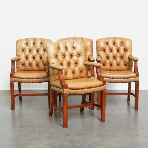 4x chaise de salle à manger/réunion chesterfield en cuir de vachette, couleur cognac clair