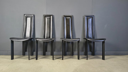 Vintage black leather dining chairs, set of 4, 1980s