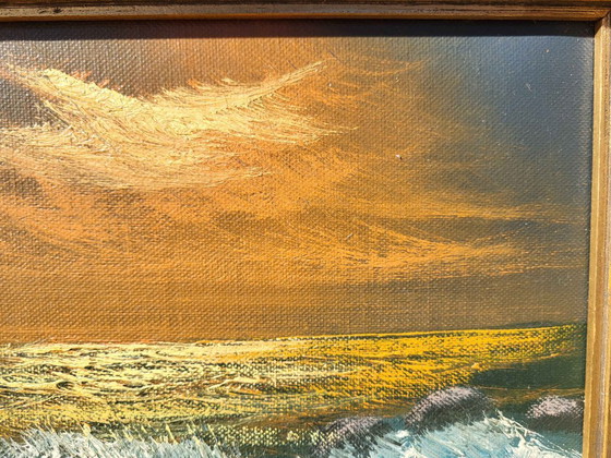 Dipinto a olio vintage incorniciato: Paesaggio marino al tramonto – Dipinti e disegni, Tela (photo 6 of 8)