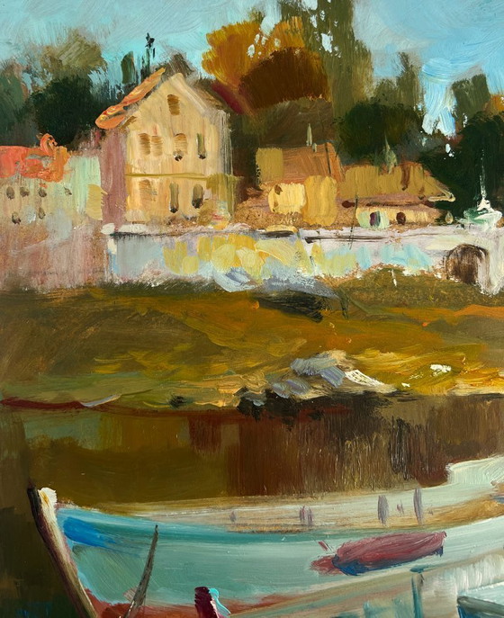 Image 1 of Original Oil Painting Summer Coastal Landscape City boat ferry