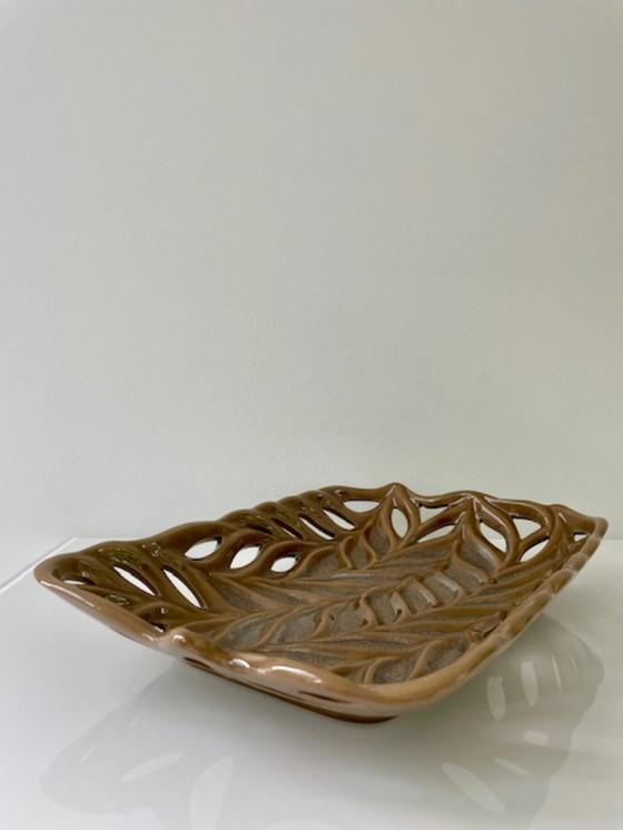 Image 1 of Rare bol vintage en céramique avec tissage organique - 32.5 x 22 cm