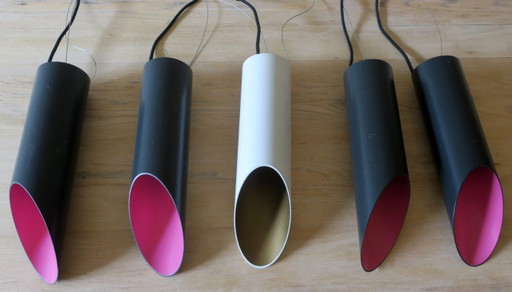 Set aus 5 zylindrischen Pendelleuchten im Raak-Stil, 1970er Jahre – hanglampen, Metal