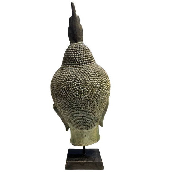 Antiek Thais Bronzen Boeddha Hoofd met Voetstuk 39 cm – Beeldhouwkunst, Wood (photo 4 of 7)